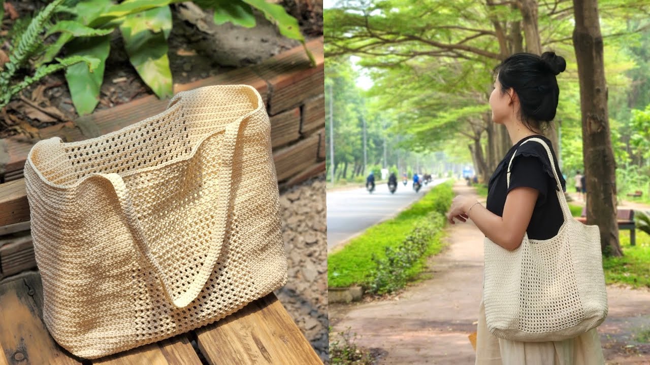Cách móc túi Tote lưới đơn giản| Cỏ crochet
