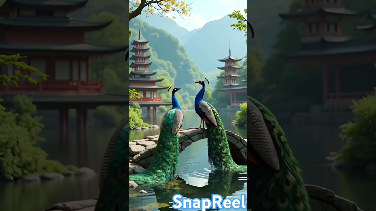 Beautiful 2 peacock sing on wooden bridge over pond