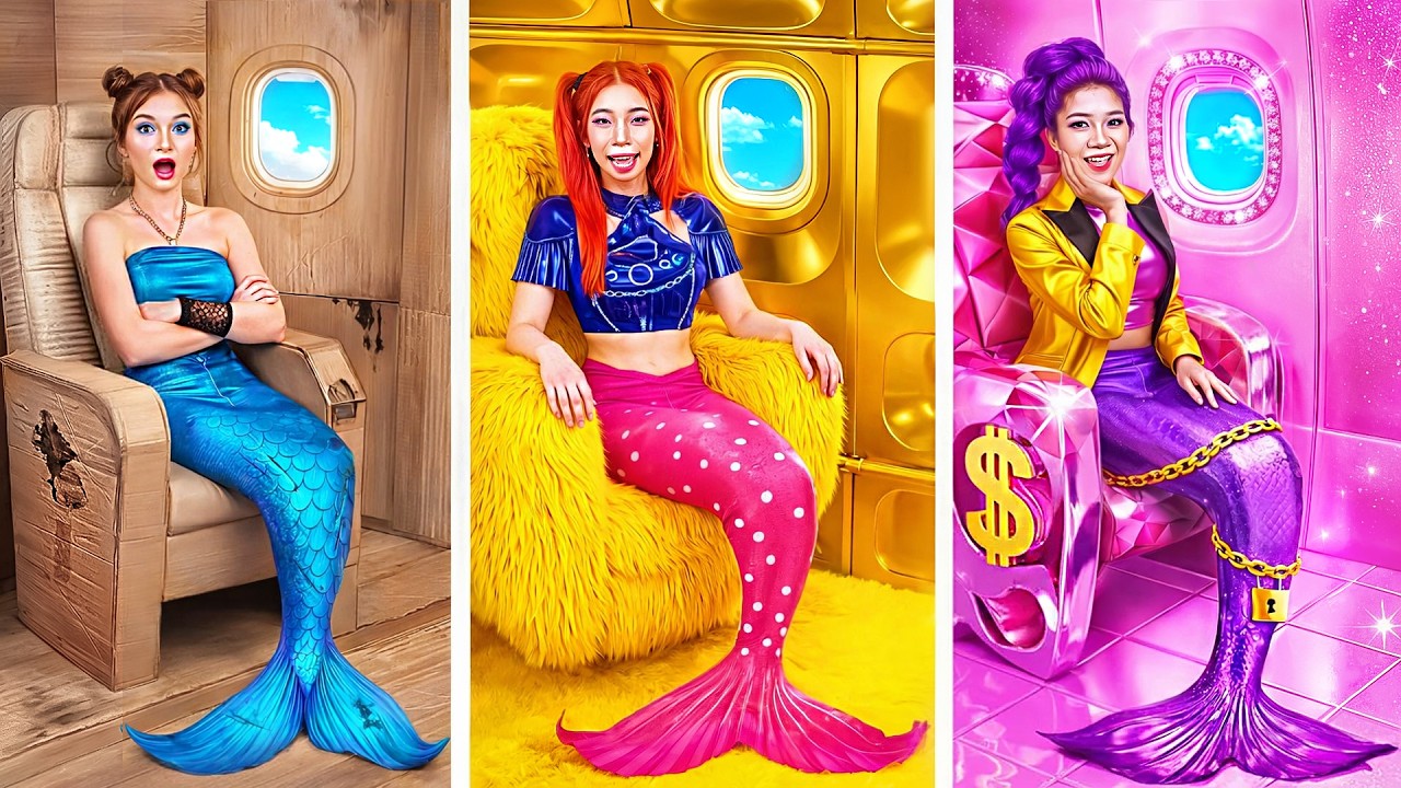 段ボール vs ふわふわ vs ゴールド 💸 貧乏・金持ち・ギガリッチ人魚のメイクオーバー対決！| BabaBop Japan