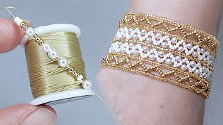 【DIY】Beaded pearl lace bracelet *Tutorial How to make bracelet｜ビーズアクセサリー｜ハンドメイドアクセサリー｜ビーズステッチ｜串珠教程