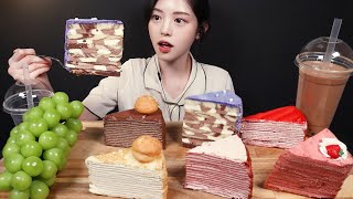 ม็อกบังของหวาน mukbang Asmr เค้กช็อคโก้, เครปเค้กนม, เค้กสตรอเบอร์รี่, ชานมไข่มุก, องุ่นไชน์มัสแคท