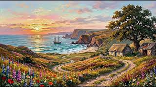 Coastal Cottage Sunset Voyage 🌅🏡 | Wildflower Meadow & Tall Ship | 4K Impasto Art