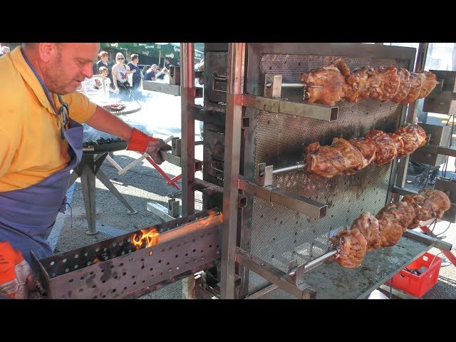 Germany Street Food. Roasting Pork Knuckles and Huge Ribs