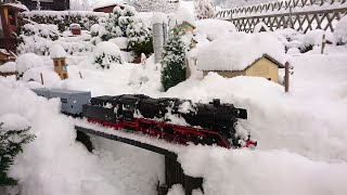 WinterfahrtPiko G BR 50 + BR 110 mit Schneeschleuder❄ und Schneeräumungbei Nacht/Lgb Gartenbahn
