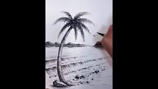 Beautiful palm easy pencil art رسم نخلة مع منظر رائع و سهل