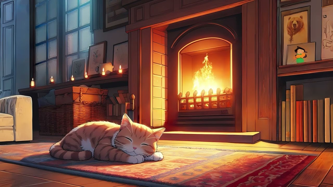 Sleepy Cat Bedtime 🐱 | +3hrs Gentle Rain & Fireplace Sounds for Kids Sleep & Naptime