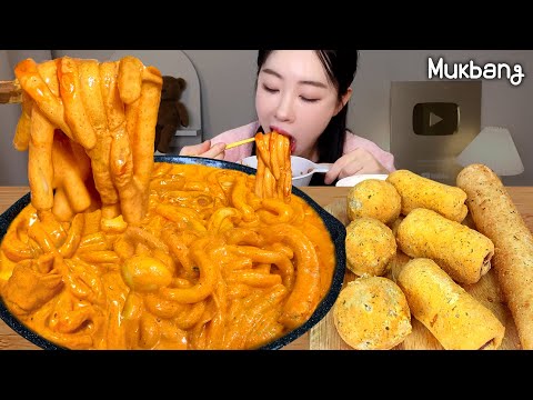 꾸덕·바삭·달콤 3콤보🔥쫀득쫄깃 로제떡볶이 × 뿌링소스 듬뿍 찍은 뿌링사이드 먹방(카이막 치즈볼,뿌링핫도그,치로스)ㅣ떡볶이먹방 Tteockbokki x Chicken Mukbang