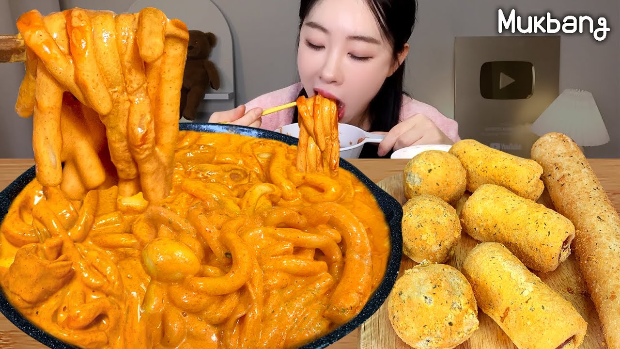 꾸덕·바삭·달콤 3콤보🔥쫀득쫄깃 로제떡볶이 × 뿌링소스 듬뿍 찍은 뿌링사이드 먹방(카이막 치즈볼,뿌링핫도그,치로스)ㅣ떡볶이먹방 Tteockbokki x Chicken Mukbang