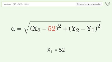 Find the distance between two points p1 (52,-90) and p2 (-28,39): Step-by-Step Video Solution