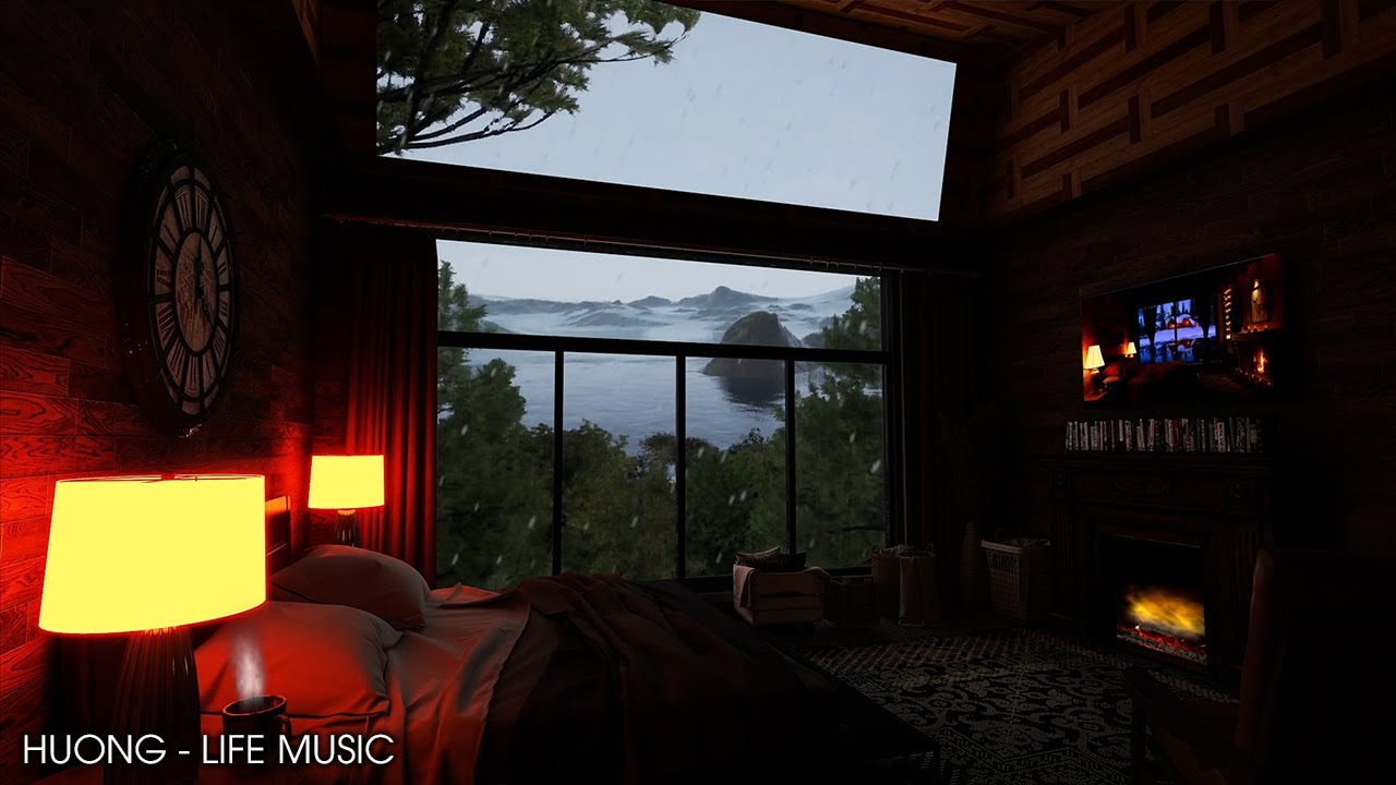 Stormy Night Cozy Cabin Ambience with Relaxing Rain and Fireplace