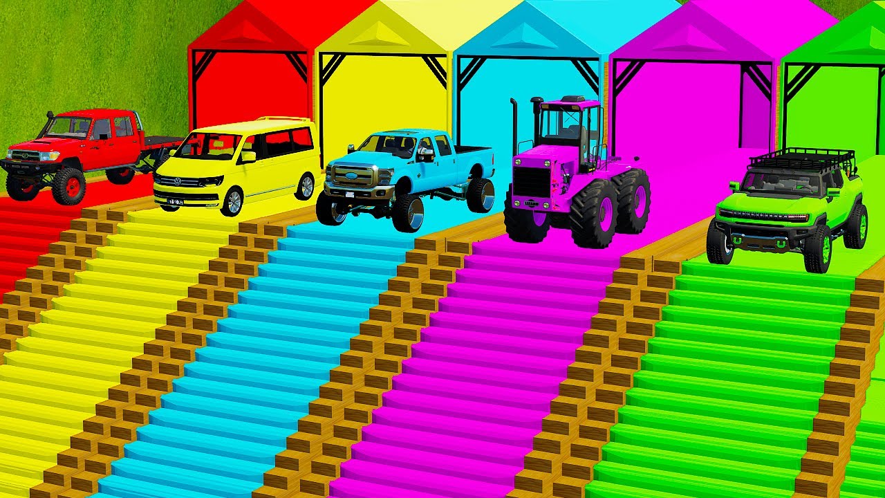 TRANSPORTING FIVE COLOR CARS JOHN DEERE, BMW, BRABUS, BRONCO, JEEP CHOKE - Farming Simulator 22