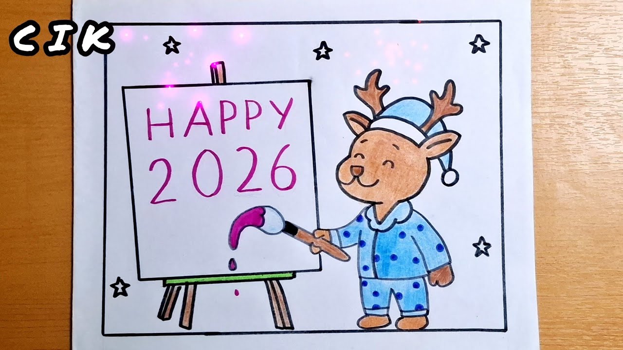 Reindeer cute painting / Happy 2026 sign with stars, fun easy drawing for kids | Reindeer Drawing 