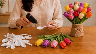 I Turned Plastic Spoons into a Beautiful Tulip 🌷 DIY Tulip Boquet /Easy Plastic Spoon Recycled Craft