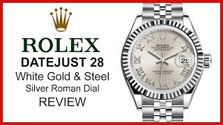 ▶ Rolex Lady Datejust 28, Silver Roman, Fluted Bezel, White Gold & Steel, Jubilee, REVIEW - 279174