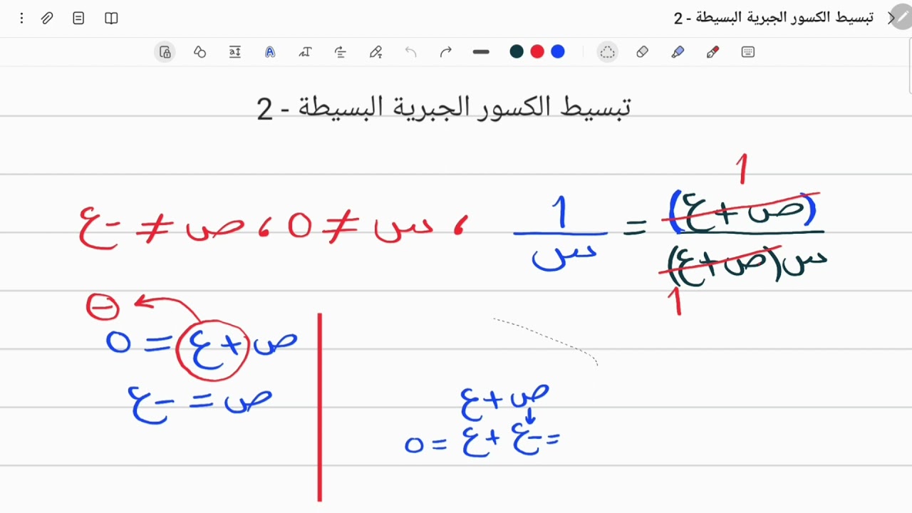 رياضيات الصف التاسع - تبسيط الكسور الجبرية البسيطة - 2