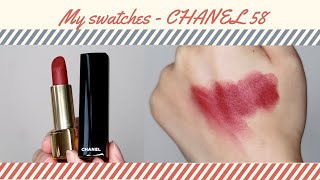 CHANEL ROUGE ALLURE VELVET lipstick 58 ROUGE true swatches without fliters. - YouTube