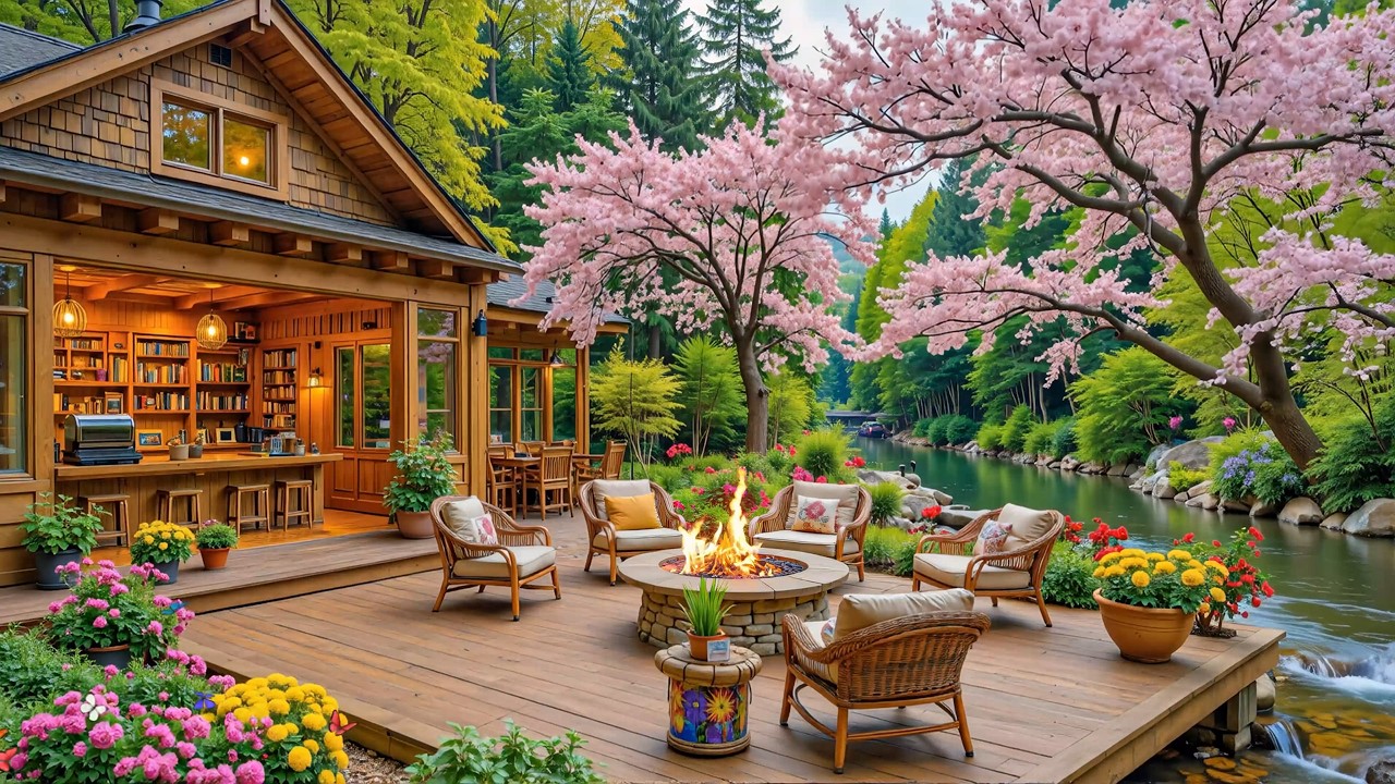 Peaceful Spring Lakeside Cabin 🌸🔥 Soft Piano, Campfire & River Sounds ...