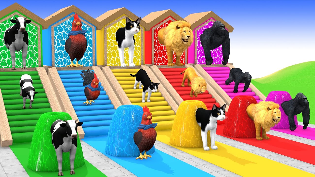 Long Slide Game with Cow Elephant Gorilla Hippopotamus Tiger 3d Animal Game Funny 3d Animals