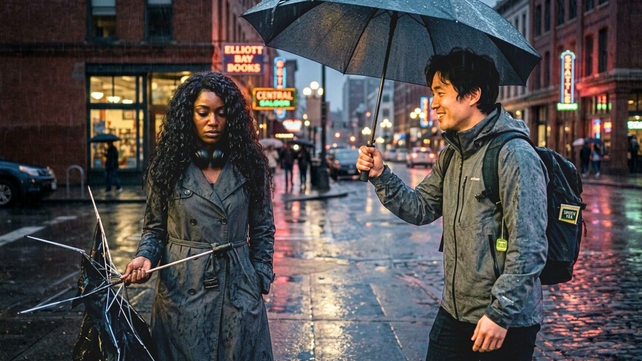 On a rainy walk, her umbrella snapped — he shared his and kept talking soft