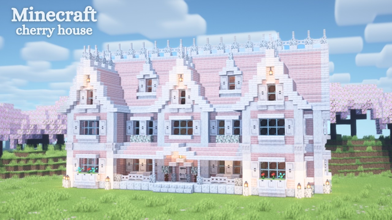 【マイクラ建築】ペールオークと桜で作る白ピンクの大きな家の作り方【マインクラフト】【Minecraft】 - YouTube