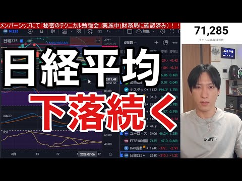 【7/6.日本株下落】原油急落で資源株が大幅安。自動車関連も弱い。日経平均下落止まるのか？仮想通貨軟調。米国株、ナスダック急反発。WTI原油６５ドルまで下がる？
