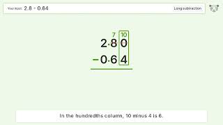 Long Subtraction Problem 2.8-0.64: Step-by-Step Video Solution
