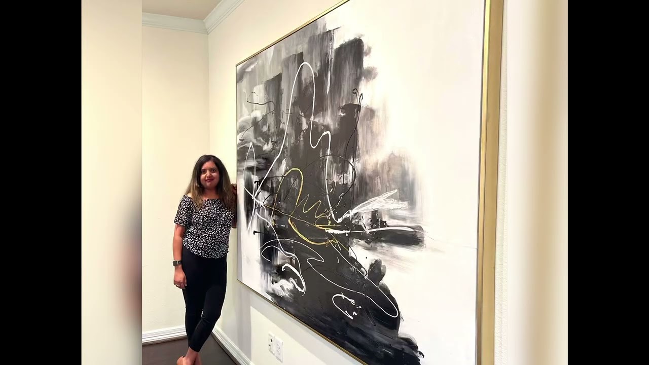 "Stronger" custom 72x60 inches black white gold abstract original handmade wall art from Texas USA