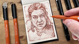 Pen and Ink Drawing Woman Portrait Tutorials | Sanguine Faber-Castell Pitt Artist Pens Demo