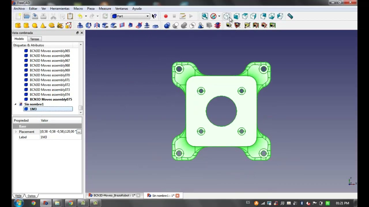 Construccion de Brazo Robot BCN3D MOVEO Impreso en 3D(Parte3) Adaptacion del Eje Horizontal FreeCAD