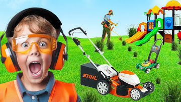 Boys start the Lawnmower Weed Eater leaf blower hedge trimmer | BLiPPi toy for toddler #lawn #blippi