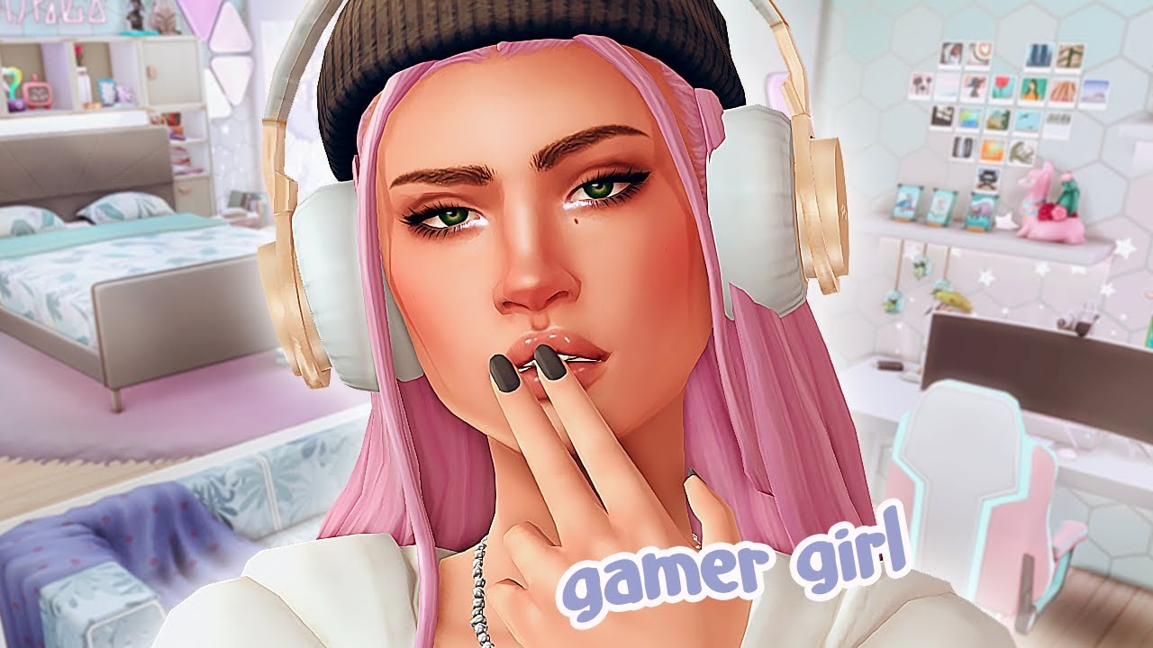 Making a teen gamer girl and her gaming bedroom ☁️✨ // the sims 4 cas + room build
