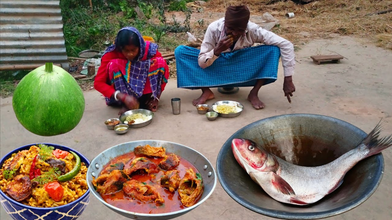 BIG size FISH CURRY cooking and FISH HEAD with BOTTLE GOURD delicious recipe by tribal mother father