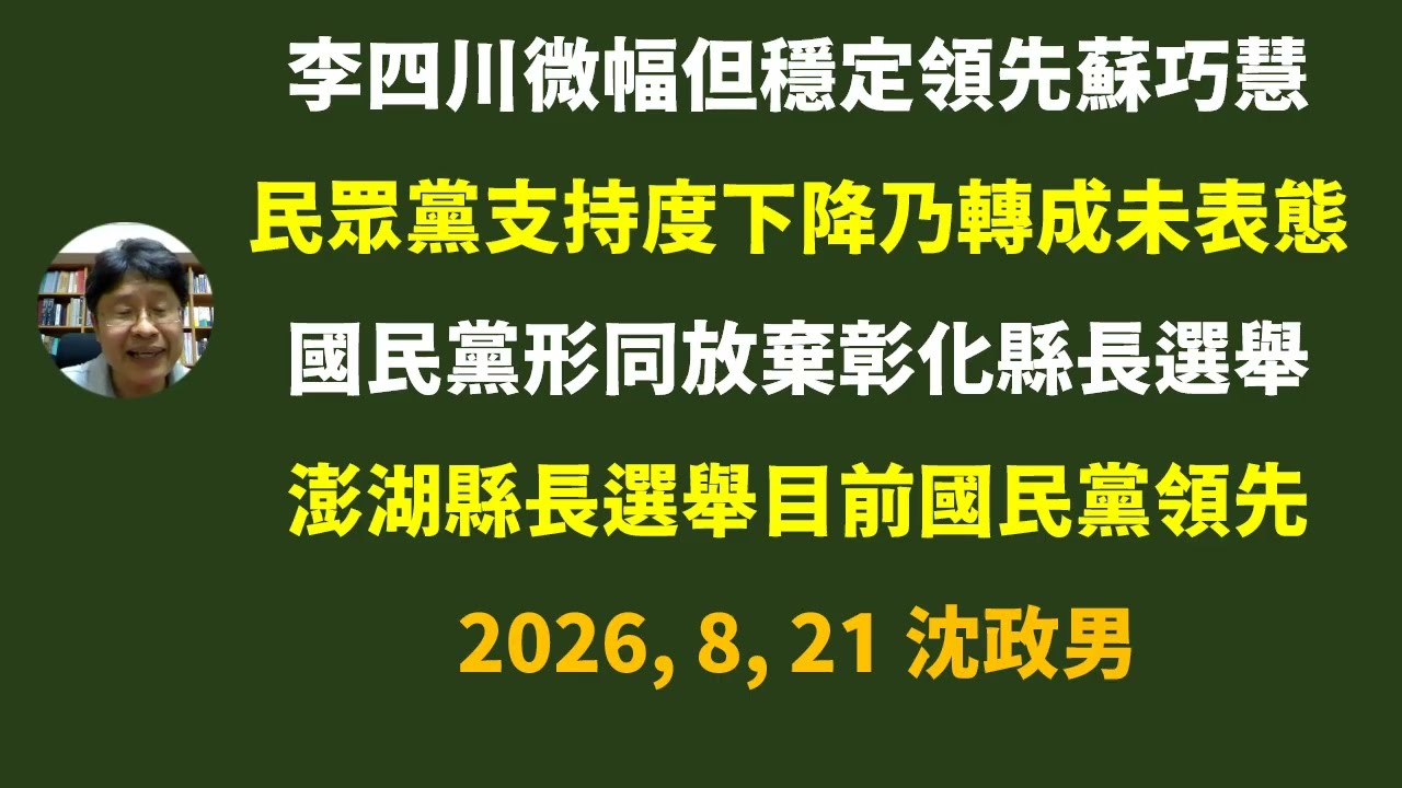 李四川微幅但穩定領先蘇巧慧;民眾黨支持度下降乃轉成未表態;國民黨形同放棄彰化縣長選舉;澎湖縣長選舉目前國民黨領先。 縮圖