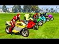 Color Motorcycles with Superheroes for kids and babies  3D animation Funny Jump!