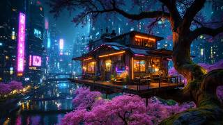Lofi Ambient – Sakura Treehouse Rain in a Glowing Cyberpunk City | Calm Night Study Beats | 4K screenshot 3