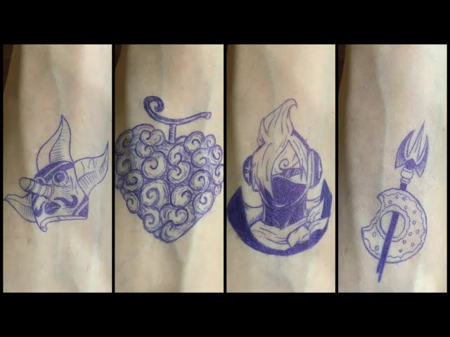 One piece anime tattoo with pen: Sogeking mask// Ope ope no mi// Sanji soba  mask// Katakuri 