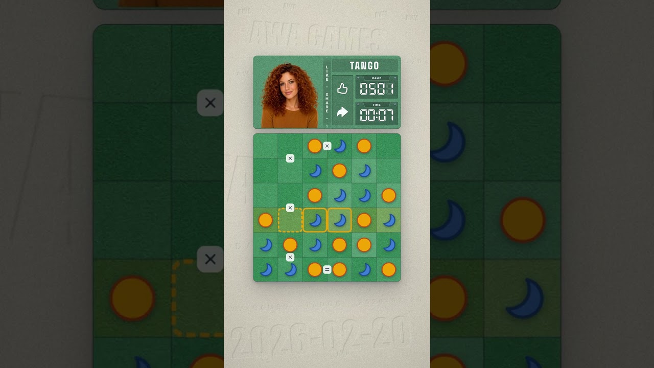 LinkedIn Tango #501 solved board for February 20, 2026, 6x6 grid