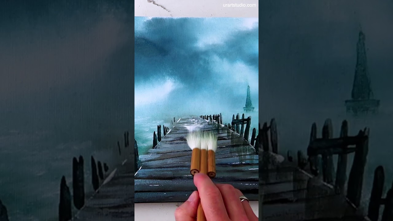 Wet Ocean Pier | Quick Acrylic Landscape Painting Technique | Oval Brush Art