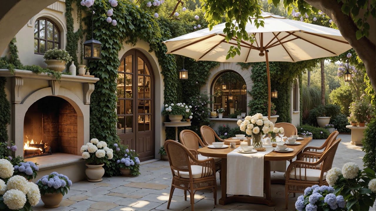 Elegant Garden Courtyard ☕ Cozy Mediterranean Patio with Warm Fireplace Ambience