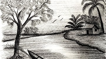 Relaxing Charcoal Landscape Drawing/ Peaceful Nature Scenery Sketch/Black & White Rural Art Tutorial