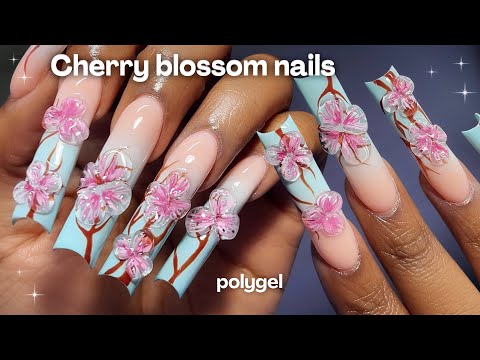 Cherry Blossom Polygel Nails🌸🩵✨ Polygel nails tutorial + 3d flowers 🫧 Spring Nails
