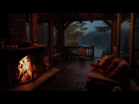 Heavy Rain at a Lakeside Cabin | Warm Fireplace Ambience for Stress Relief
