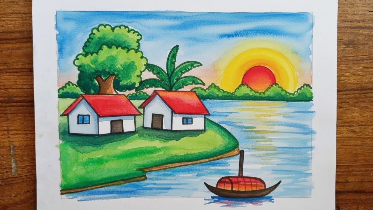 How to village drawing 😙prakritik drishya oil pastel drawing / easy scenery drawing 