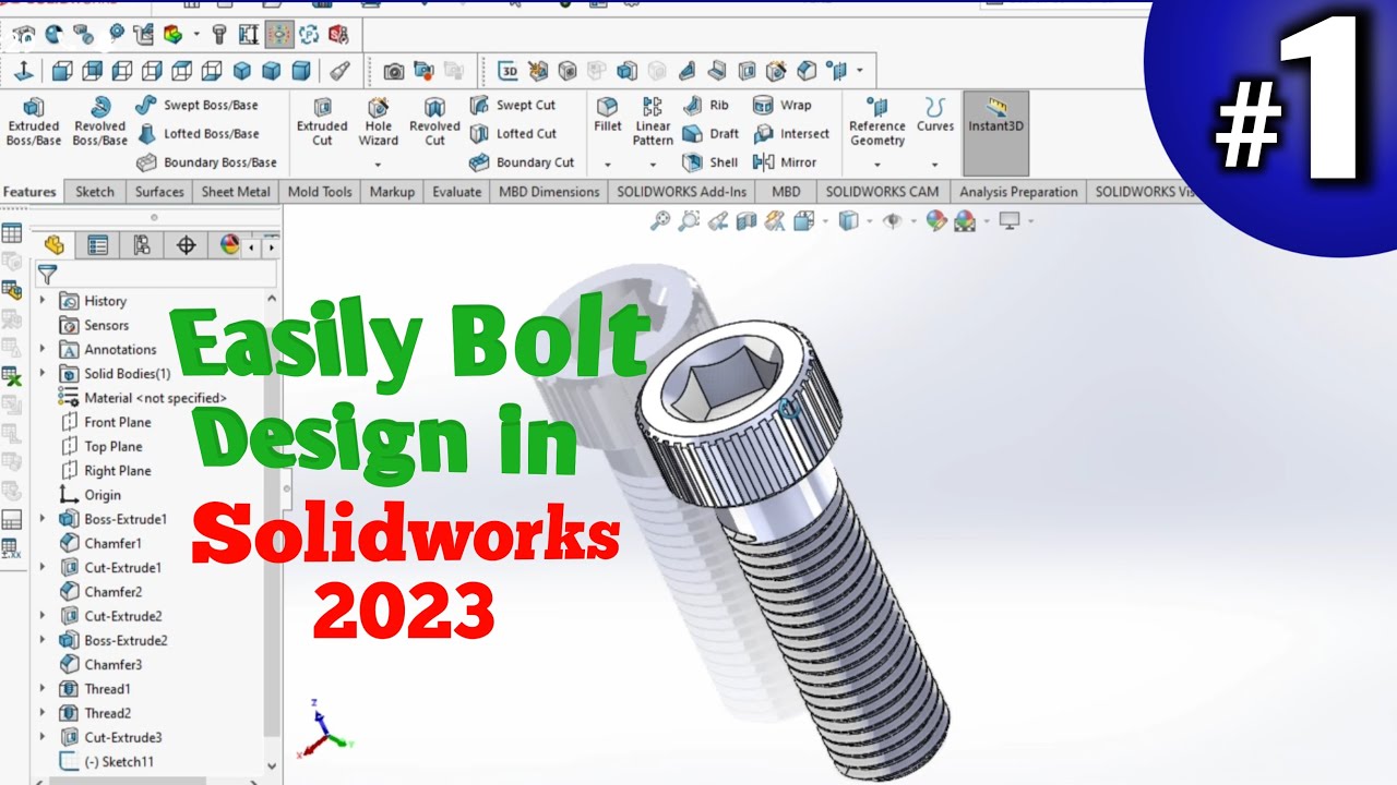 Solidworks Bolt Design Tutorial Bolt Design in Solidworks l Solidworks में bolt 🔩 design कैसे बनाएं I ...