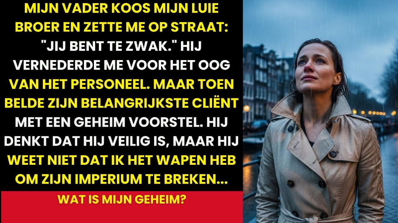 ‘Ga zitten, Saskia.’ Mijn vader keek niet op van zijn papieren. Ik legde mijn cum laude diploma op zijn bureau, precies in het midden. Buiten striemde de oktoberregen tegen de ramen van het...