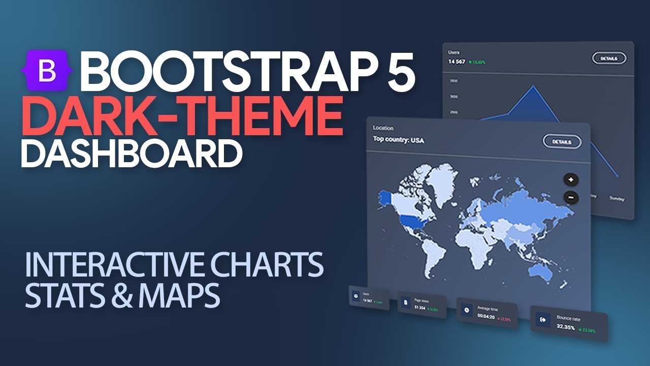 Create amazing dark-theme admin dashboard with interactive charts, stats &  maps 