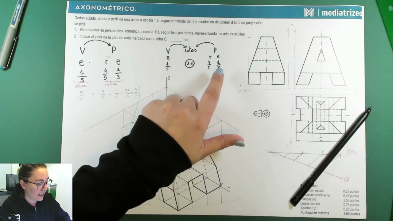 Perspectiva axonométrica con escalas y coeficiente de reducción. EBAU Andalucía 2021.
