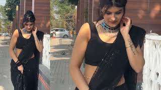 Beautiful Black Silk Gly Saree Model Backless Blouse Design Back Pose