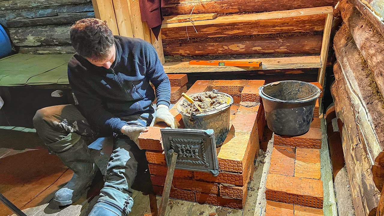 Installation of a BRICK WOOD-BURNING STOVE in a log cabin | Building an ...