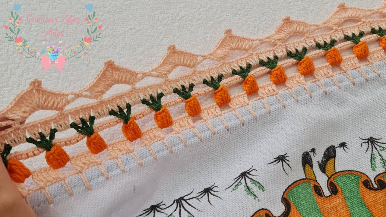bico/barrado de croche no pano de prato #453 cenoura 🥕  passo a passo
